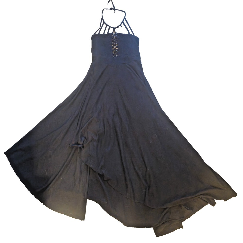 Whimsigoth Witchy Caged Halter Maxi Dress Asymmetrical Strappy Lace Up Black 16w